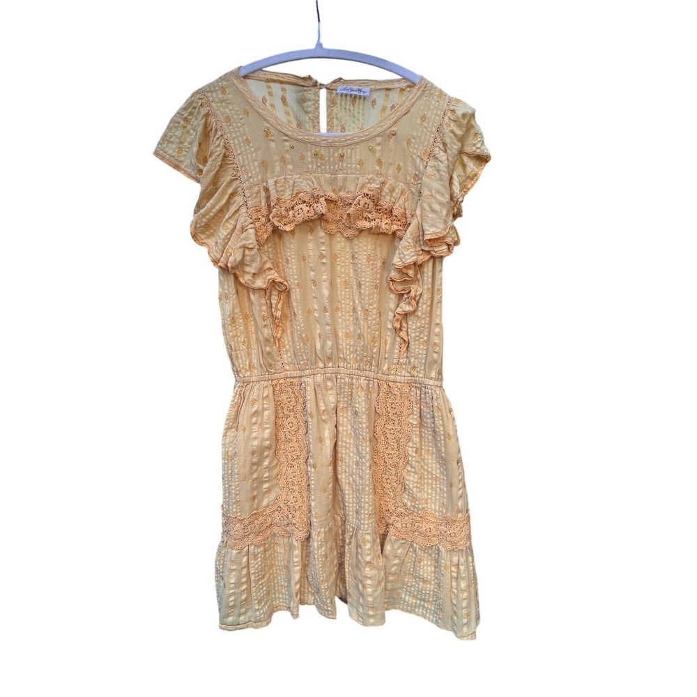 LoveShackFancy Yellow Lace-Trim Mini Dress Cottagecore Flutter Sleeve S boho - Picture 2 of 16